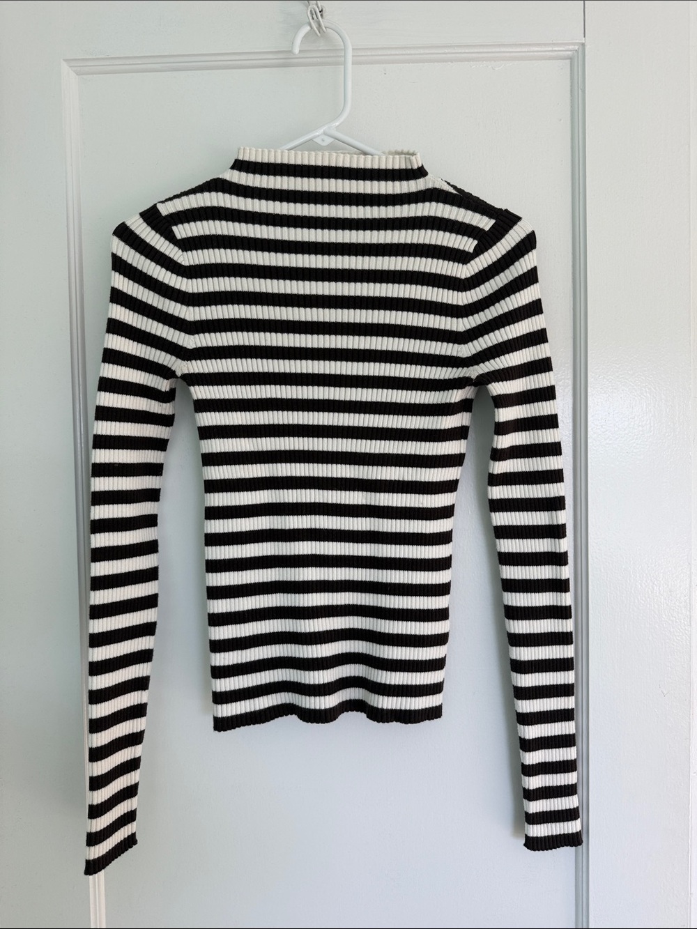 Madewell Cotton Mock Neck Long Sleeved Ribbed Top Striped Brown and Cream